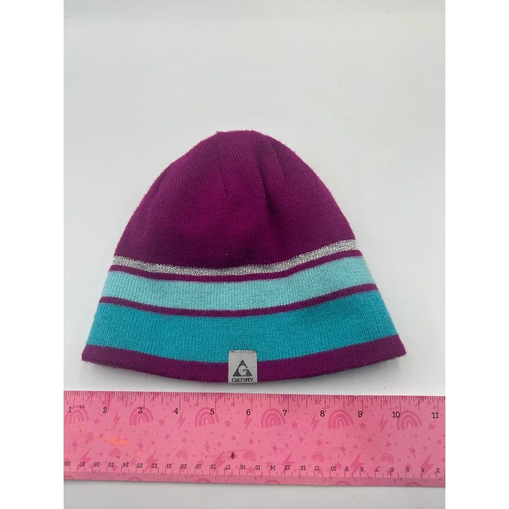 Gerry Beanie Purple Teal Blue Striped Knit Hat Silver Metallic Accent B981